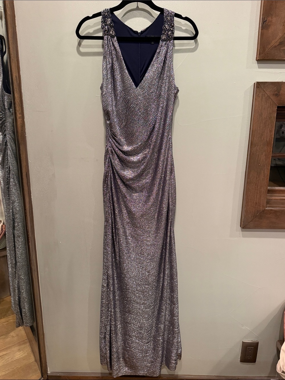 David Meister Silver Metallic Beaded-Shoulder Maxi Gown